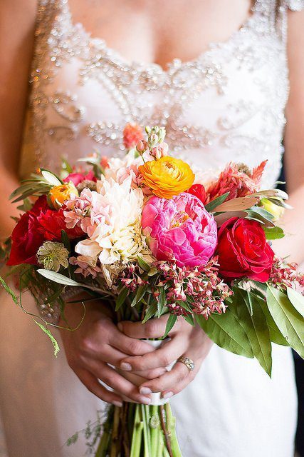 Wedding bouquet of cheerful of home-grown flowers