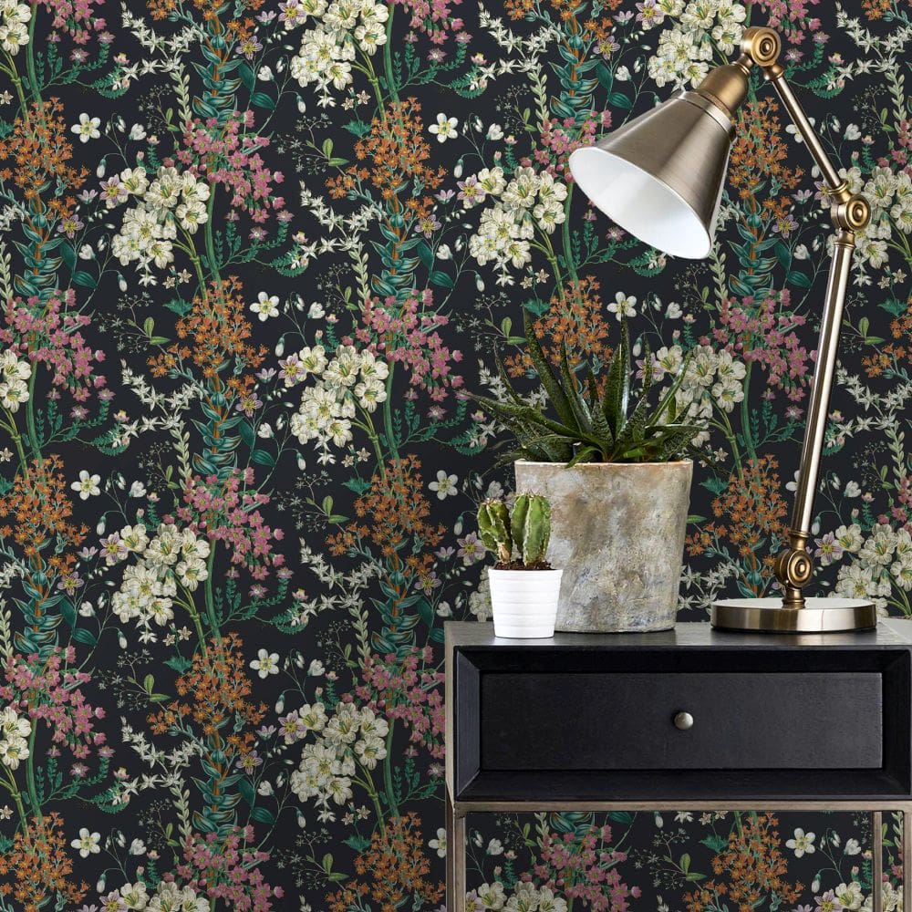 Floral Wallpaper With Desk and Lamp