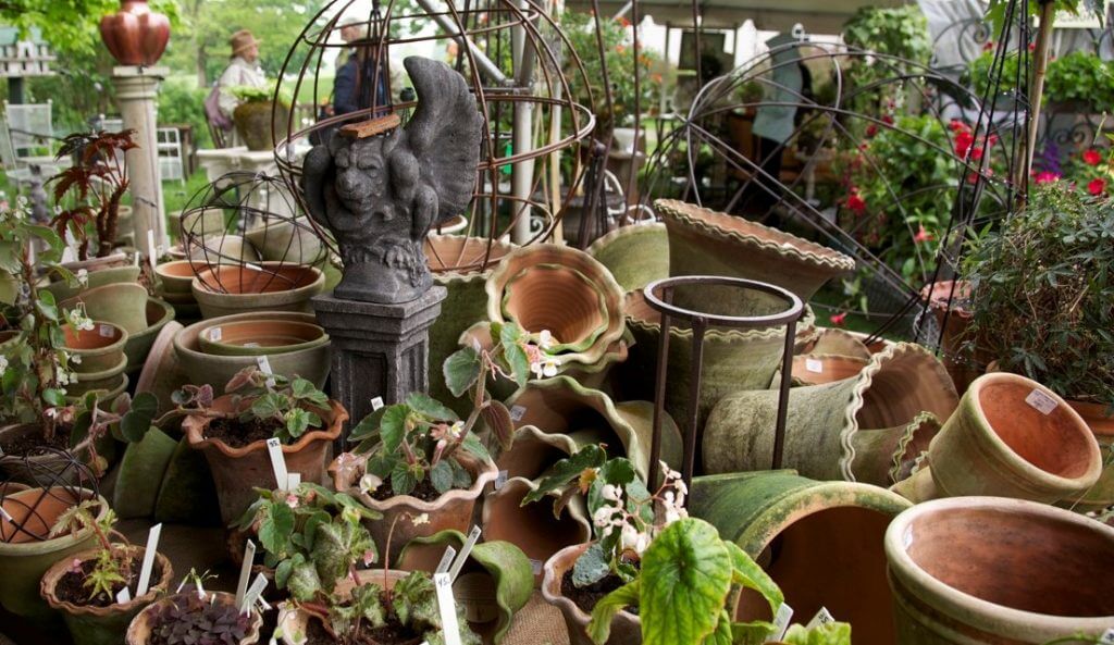 clay hand-made pots, trellises, garden statuary