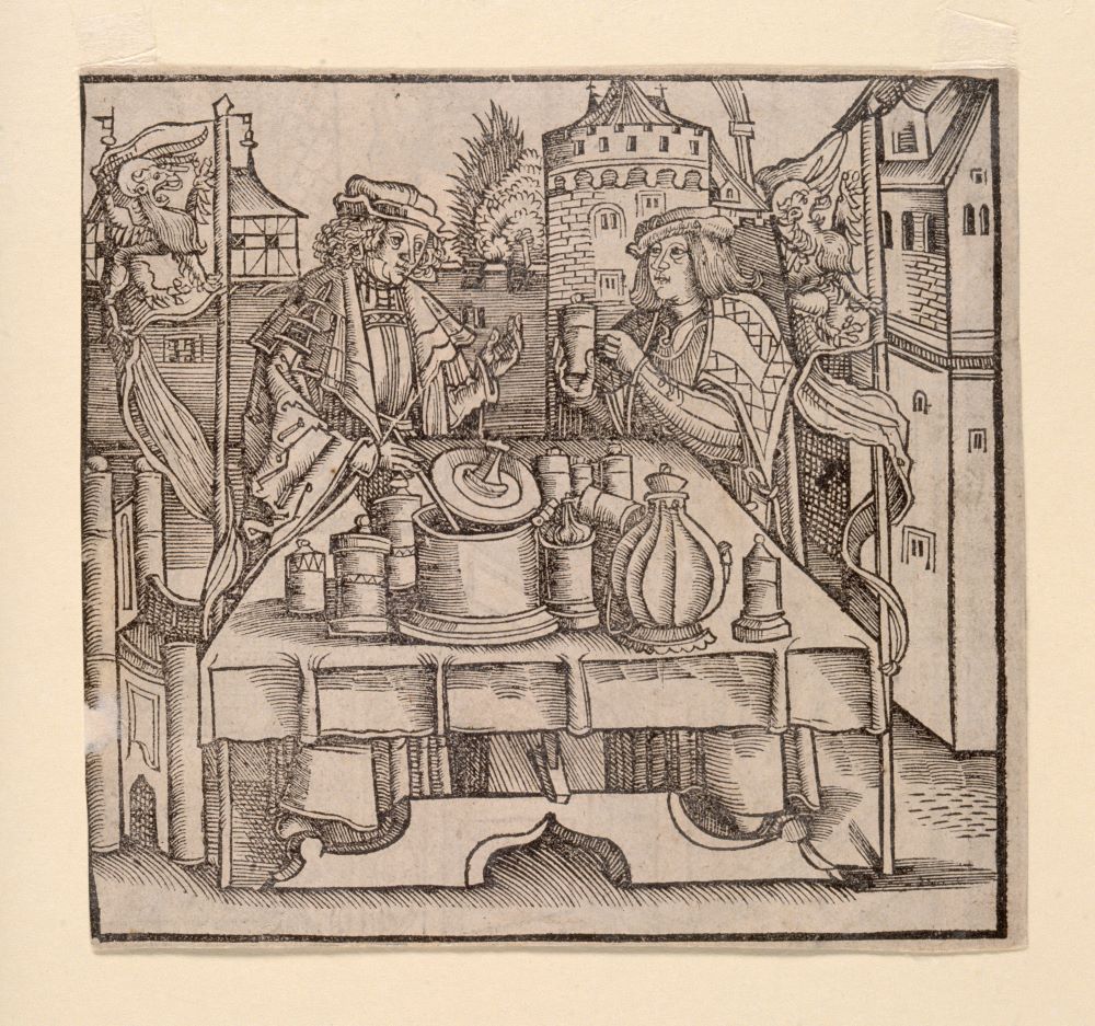 Alchemist working a surgeon Woodcut after Hieronymus Brunschwig