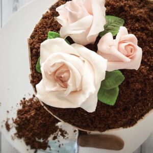 A chocolate cake with roses on top.