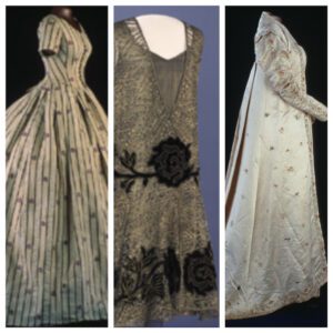 A collection of dresses from the 1920s, 1930s, and 1940s.
