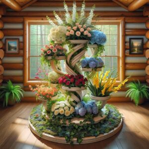 he image depicts a beautifully arranged indoor floral display set in a log cabin. The arrangement features a variety of flowers including white roses, pink roses, blue hydrangeas, yellow gladiolus, and red roses, all placed on a multi-tiered, spiral-shaped stand. The stand is surrounded by lush greenery and ivy, with additional potted plants on the wooden floor. The background shows a large window with a view of a forest, framed by the log cabin's wooden walls. Two framed paintings are hung on the walls beside the window. The scene is bathed in natural light, creating a serene and vibrant atmosphere.