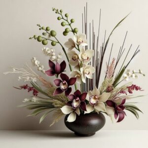 A minimalist floral arrangement in ikebana style, featuring Cymbidium orchids in burgundy, cream, and green tones, accompanied by shaped bamboo shoots. The flowers are artfully arranged in a Japanese-style pottery vase with an extended curve, creating an elegant and welcoming display. This arrangement is designed to complement a sophisticated foyer's minimalist decor and evoke a sense of refined beauty.
