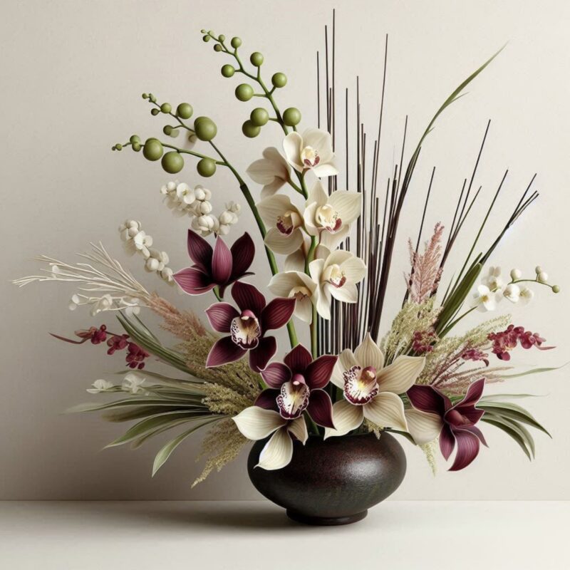 A minimalist floral arrangement in ikebana style, featuring Cymbidium orchids in burgundy, cream, and green tones, accompanied by shaped bamboo shoots. The flowers are artfully arranged in a Japanese-style pottery vase with an extended curve, creating an elegant and welcoming display. This arrangement is designed to complement a sophisticated foyer's minimalist decor and evoke a sense of refined beauty.