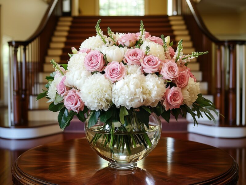 A stunning floral arrangement featuring pink roses and white peonies in a clear glass vase, placed on a polished wooden table within a spacious and grand foyer adorned with a staircase in the background.