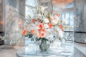 refined floral arrangement featuring white orchids, peach roses, and delicate blooms in a clear glass vase, set on a marble table in a bright room with large windows and a chandelier.