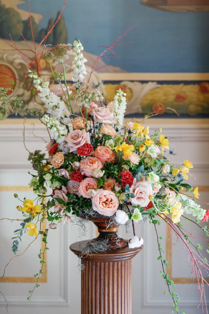 Art in Bloom DC, Large floral arrangement using roses and delphiniums 