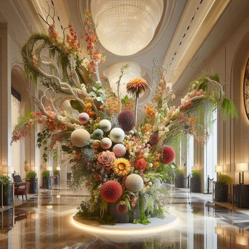 asymmetrical abstract flower arrangement for a grand foyer entryway by Valerie Arnold