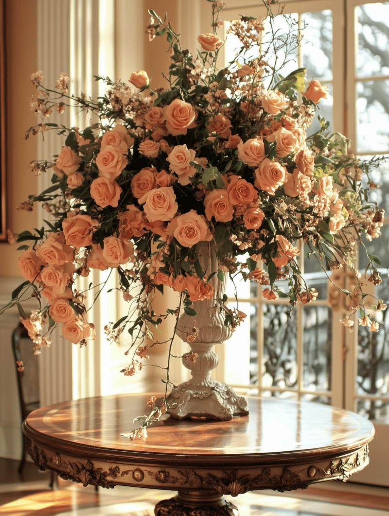 A beautifully arranged bouquet of peach-colored roses and smaller flowers in a decorative vase. The vase sits on an ornate wooden table with intricate carvings. Natural light streams through large windows in the background, illuminating the floral display in a warm, elegant setting.