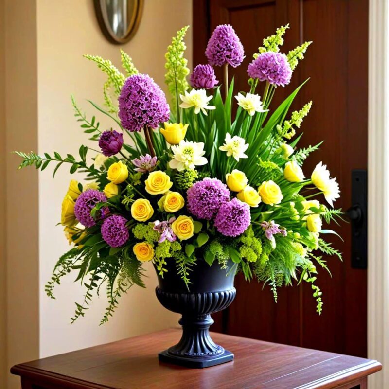 A spring-inspired flower arrangement for a cozy foyer entry. Tall, stately alliums provide the focal point, while lilacs and tulips bring a graceful element to the centerpiece. The arrangement is enhanced with foliage, yellow-green hellebores, lush ferns, baby's breath, and roses in harmonious spring colors.
