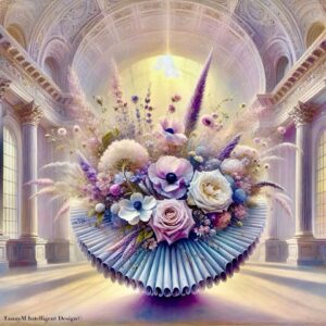 A stunning floral arrangement featuring a variety of pastel-colored flowers, including roses, anemones, and other delicate blooms, set against the backdrop of a grand hall with ornate architectural details and tall columns.