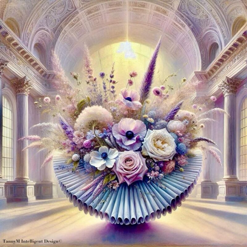 A stunning floral arrangement featuring a variety of pastel-colored flowers, including roses, anemones, and other delicate blooms, set against the backdrop of a grand hall with ornate architectural details and tall columns.