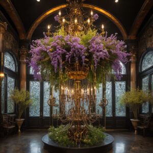 Steampunk Hanging Garden featuring cascading wisteria, golden shower trees, and lush green foliage with a mechanical elegance. Part of the Free AI Flower Prompts initiative in collaboration with the World AI Art Foundation.