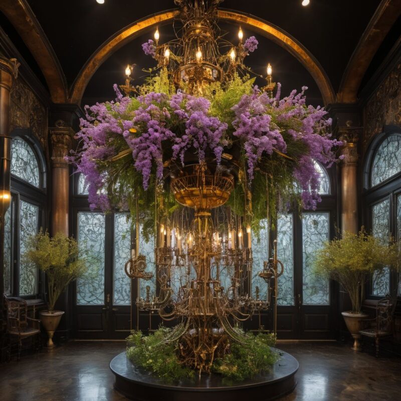 Steampunk Hanging Garden featuring cascading wisteria, golden shower trees, and lush green foliage with a mechanical elegance. Part of the Free AI Flower Prompts initiative in collaboration with the World AI Art Foundation.
