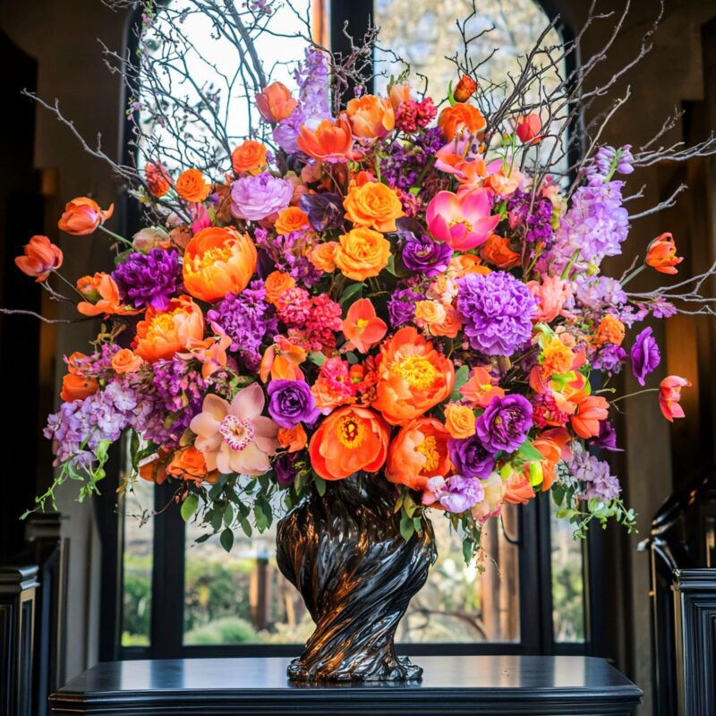 A visually captivating steampunk-inspired hanging garden with cascading wisteria, golden shower trees, and lush green foliage. Part of the Free AI Flower Prompts initiative in collaboration with the World AI Art Foundation.