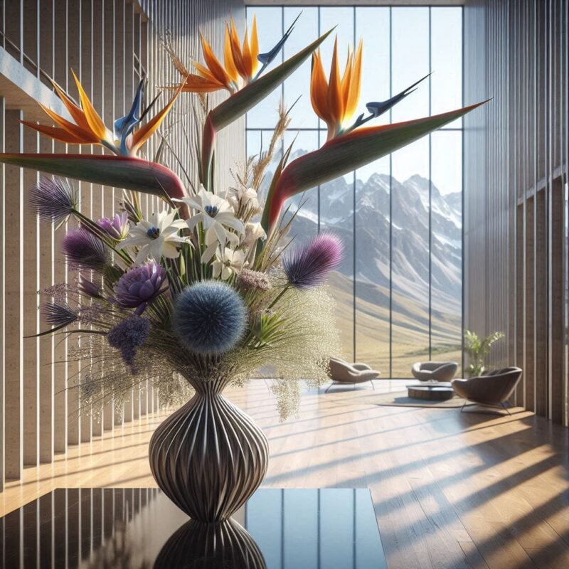 The image depicts a beautifully arranged indoor floral display set in a log cabin. The arrangement features a variety of flowers including white roses, pink roses, blue hydrangeas, yellow gladiolus, and red roses, all placed on a multi-tiered, spiral-shaped stand. The stand is surrounded by lush greenery and ivy, with additional potted plants on the wooden floor. The background shows a large window with a view of a forest, framed by the log cabin's wooden walls. Two framed paintings are hung on the walls beside the window. The scene is bathed in natural light, creating a serene and vibrant atmosphere.