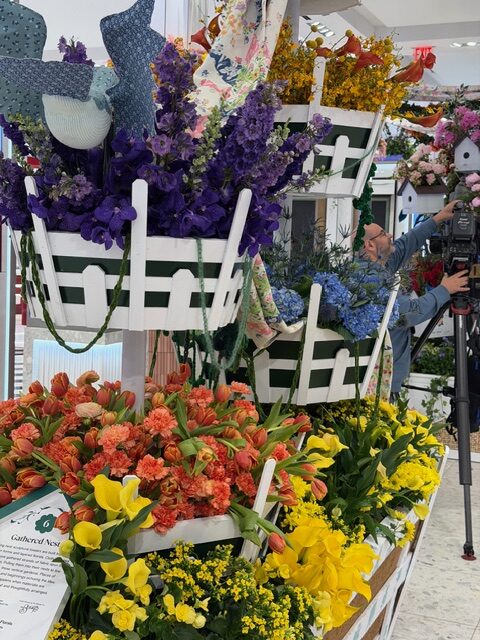 Colorful flower display with white baskets filled with purple, yellow, and orange blooms; a photographer adjusts gear in the background.